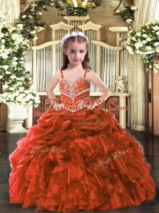 Stunning Rust Red Ball Gowns Beading and Ruffles Girls Pageant Dresses Lace Up Organza Sleeveless Floor Length