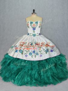 Turquoise Sweetheart Lace Up Embroidery and Ruffles 15th Birthday Dress Sleeveless