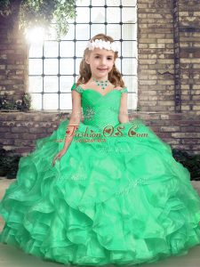 Organza Straps Sleeveless Lace Up Embroidery and Ruffles and Ruching Kids Pageant Dress in Turquoise