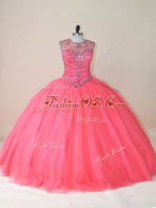 Best Selling Floor Length Watermelon Red 15 Quinceanera Dress Tulle Sleeveless Beading