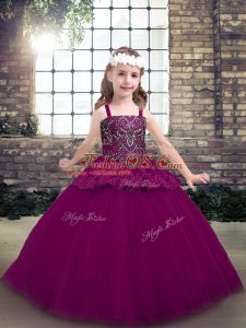 Custom Design Floor Length Lace Up Little Girls Pageant Gowns Fuchsia for Party and Military Ball and Wedding Party with Beading