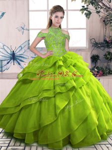 Olive Green Ball Gowns Organza High-neck Sleeveless Beading and Ruffled Layers Floor Length Lace Up 15 Quinceanera Dress
