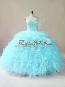 Sweetheart Sleeveless Quince Ball Gowns Floor Length Beading and Ruffles Aqua Blue Tulle