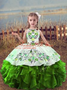 Green Organza Lace Up Scoop Sleeveless Floor Length Child Pageant Dress Embroidery and Ruffles
