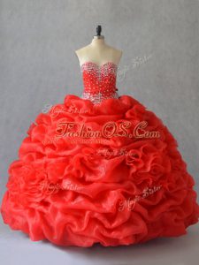 Admirable Organza Sweetheart Sleeveless Lace Up Pick Ups and Hand Made Flower Quinceanera Gown in Red
