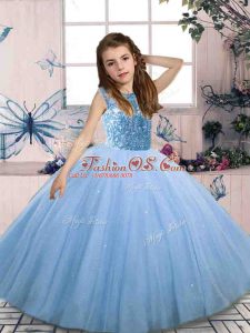 Blue Scoop Neckline Beading Glitz Pageant Dress Sleeveless Lace Up