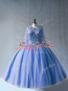 Superior Scoop Long Sleeves Quinceanera Dresses Floor Length Beading Blue Tulle