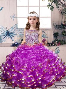 Latest Floor Length Lilac Little Girl Pageant Gowns Organza Sleeveless Beading and Ruffles