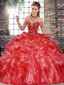Fancy Halter Top Sleeveless 15 Quinceanera Dress Floor Length Beading and Ruffles Coral Red Organza