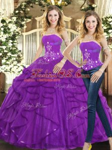 Perfect Sleeveless Tulle Floor Length Lace Up Quince Ball Gowns in Purple with Beading and Ruffles