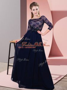 Inexpensive Chiffon Scoop 3 4 Length Sleeve Side Zipper Lace and Belt Quinceanera Court Dresses in Black
