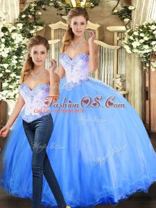 Superior Sweetheart Sleeveless Quince Ball Gowns Floor Length Beading Blue Tulle