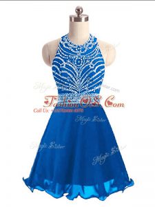 Beauteous Blue A-line Chiffon Halter Top Sleeveless Beading Mini Length Lace Up Cocktail Dress