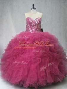 Sleeveless Tulle Floor Length Lace Up Quinceanera Gowns in Coral Red with Beading and Ruffles