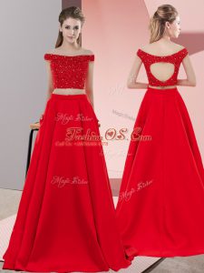 Cute Off The Shoulder Sleeveless Elastic Woven Satin Evening Dress Beading Sweep Train Backless