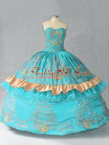 Aqua Blue Sweetheart Neckline Embroidery and Bowknot Sweet 16 Dress Sleeveless Lace Up