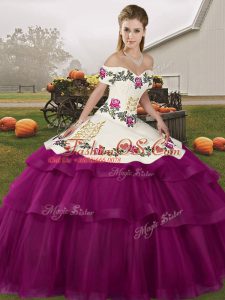 Latest Lace Up Quince Ball Gowns Fuchsia for Military Ball and Sweet 16 and Quinceanera with Embroidery and Ruffled Layers Brush Train