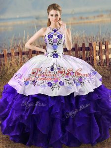 Romantic White And Purple Halter Top Lace Up Embroidery and Ruffles Quinceanera Gown Sleeveless
