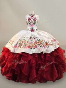 Beauteous Organza Halter Top Sleeveless Lace Up Embroidery and Ruffles Quince Ball Gowns in Red