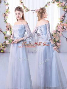 Graceful Floor Length Lace Up Quinceanera Dama Dress Grey for Wedding Party with Lace