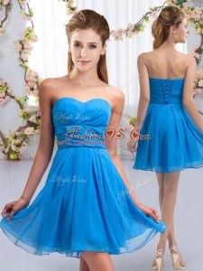 Baby Blue Lace Up Vestidos de Damas Ruching Sleeveless Mini Length