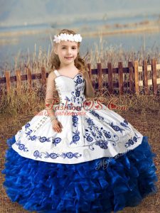 Hot Sale Royal Blue Sleeveless Embroidery and Ruffles Floor Length Little Girl Pageant Dress