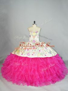Great Fuchsia Ball Gowns Sweetheart Sleeveless Organza Floor Length Lace Up Embroidery Sweet 16 Quinceanera Dress