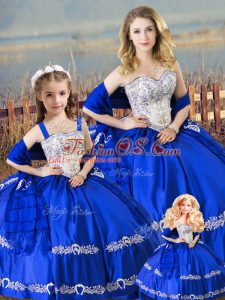 Chic Sweetheart Sleeveless 15 Quinceanera Dress Floor Length Beading and Embroidery Royal Blue Satin
