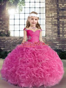 Great Ball Gowns Child Pageant Dress Fuchsia Straps Fabric With Rolling Flowers Sleeveless Floor Length Lace Up