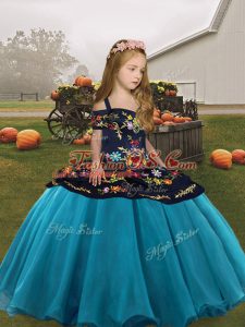 New Arrival Floor Length Lace Up Little Girl Pageant Gowns Teal for Party and Wedding Party with Embroidery