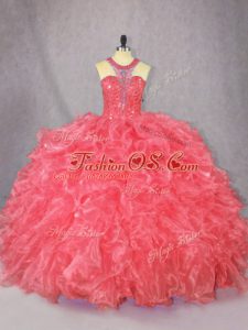 Classical Floor Length Ball Gowns Sleeveless Coral Red Quinceanera Gowns Zipper