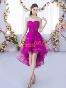 Graceful Lace Bridesmaid Dress Fuchsia Lace Up Sleeveless High Low