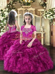 Straps Sleeveless Organza Pageant Dress for Womens Beading and Ruffles Lace Up