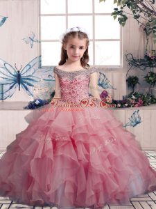 Off The Shoulder Sleeveless Lace Up Little Girl Pageant Gowns Pink Organza