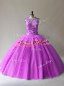 Lilac Ball Gowns Beading Sweet 16 Quinceanera Dress Lace Up Tulle Sleeveless Floor Length