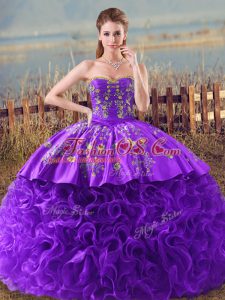 Purple Sleeveless Fabric With Rolling Flowers Brush Train Lace Up Quince Ball Gowns for Sweet 16 and Quinceanera