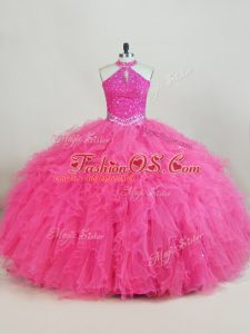 Halter Top Sleeveless Tulle Sweet 16 Dress Beading and Ruffles Lace Up