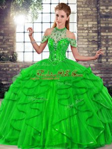 Green Tulle Lace Up Halter Top Sleeveless Floor Length Sweet 16 Quinceanera Dress Beading and Ruffles