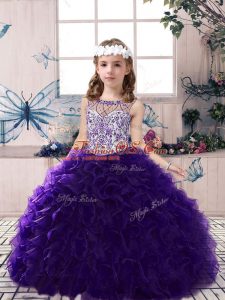 Purple Sleeveless Floor Length Beading and Ruffles Lace Up Girls Pageant Dresses