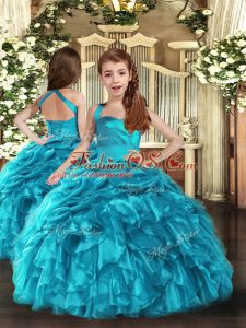 Baby Blue Sleeveless Floor Length Ruffles and Ruching Lace Up Girls Pageant Dresses