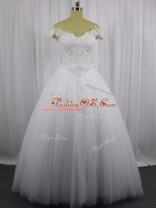 Custom Design White Off The Shoulder Neckline Beading and Lace Wedding Dress Sleeveless Lace Up