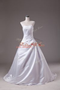 Flare Beading Wedding Gowns White Lace Up Sleeveless Brush Train