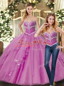 Customized Lilac Ball Gowns Beading Sweet 16 Quinceanera Dress Lace Up Tulle Sleeveless Floor Length