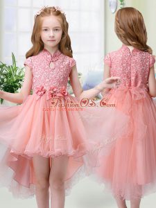 Modest High Low A-line Cap Sleeves Peach Flower Girl Dresses Zipper