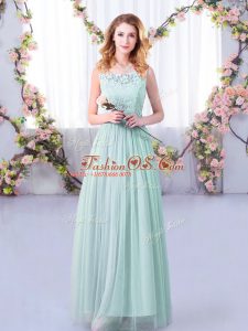 Shining Light Blue Empire Tulle Scoop Sleeveless Lace and Belt Floor Length Side Zipper Dama Dress