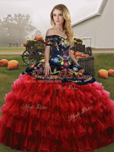 Pretty Red And Black Sleeveless Floor Length Embroidery and Ruffled Layers Lace Up Quince Ball Gowns