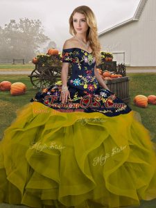 Unique Floor Length Olive Green Sweet 16 Dresses Off The Shoulder Sleeveless Lace Up
