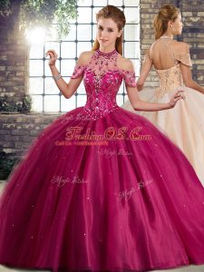 Flare Fuchsia Halter Top Lace Up Beading Sweet 16 Quinceanera Dress Brush Train Sleeveless