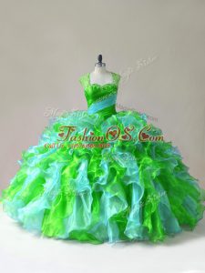 Extravagant Sleeveless Organza Floor Length Zipper Quince Ball Gowns in Multi-color with Beading and Ruffles