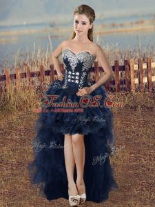 Navy Blue A-line Beading and Ruffled Layers Prom Dresses Lace Up Organza Sleeveless High Low